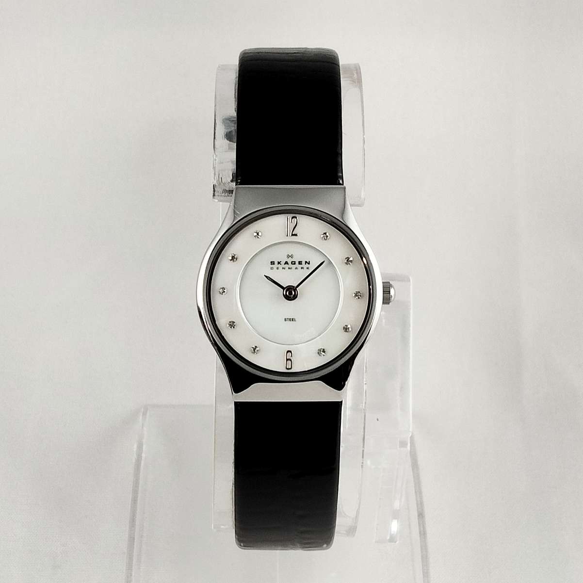 Skagen Women's Watch, Mother of Pearl Dial, Jewel Hour Markers, Black Genuine Patent Leather Strap