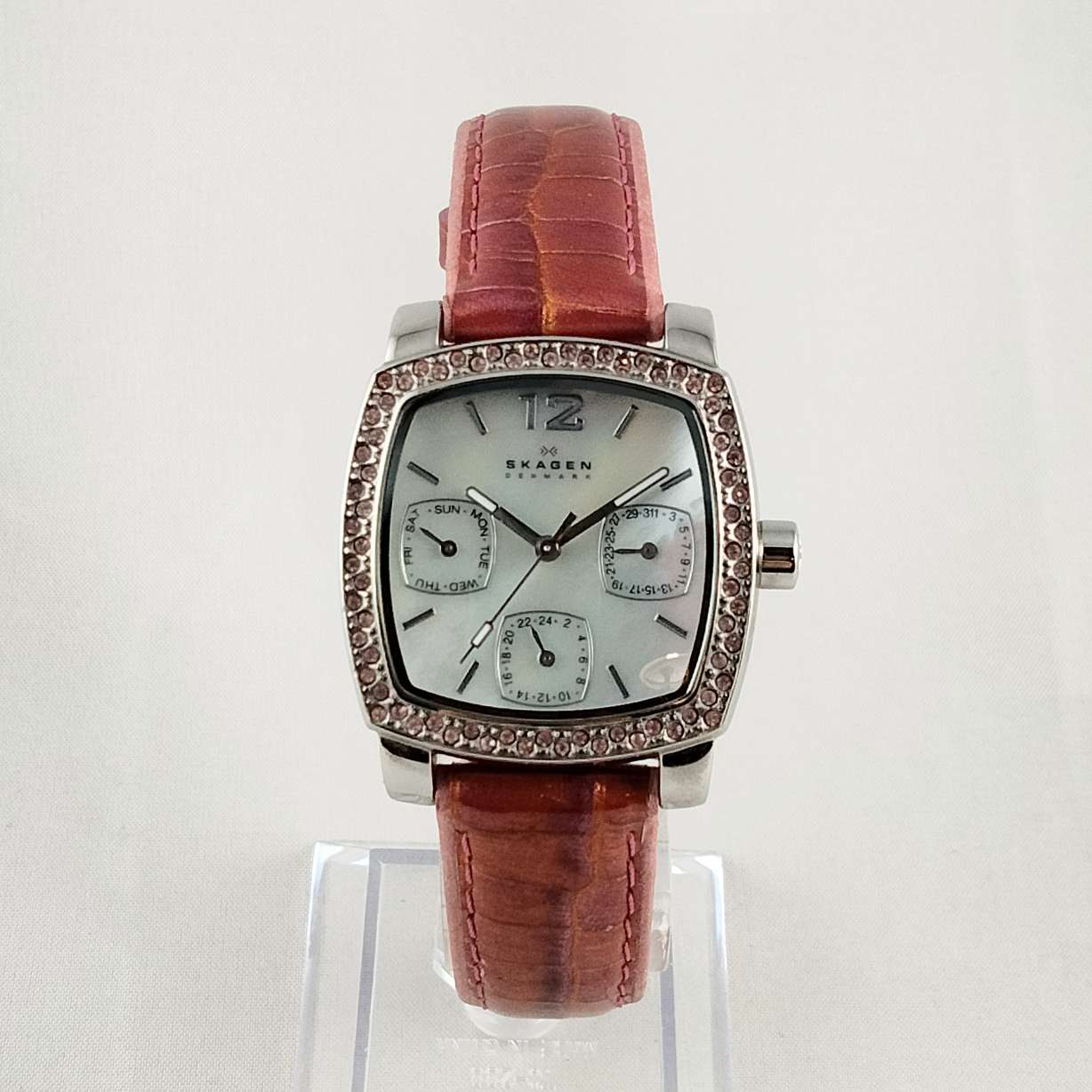 Skagen Women's Watch, Mother of Pearl Dial, Jewel Details, Pink Genuine Leather Strap