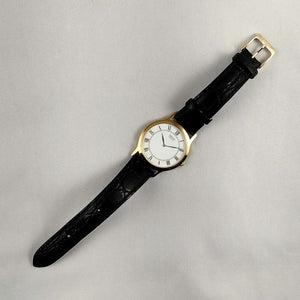 Seiko Oversized Watch, Gold Tone Bezel, Black Leather Strap