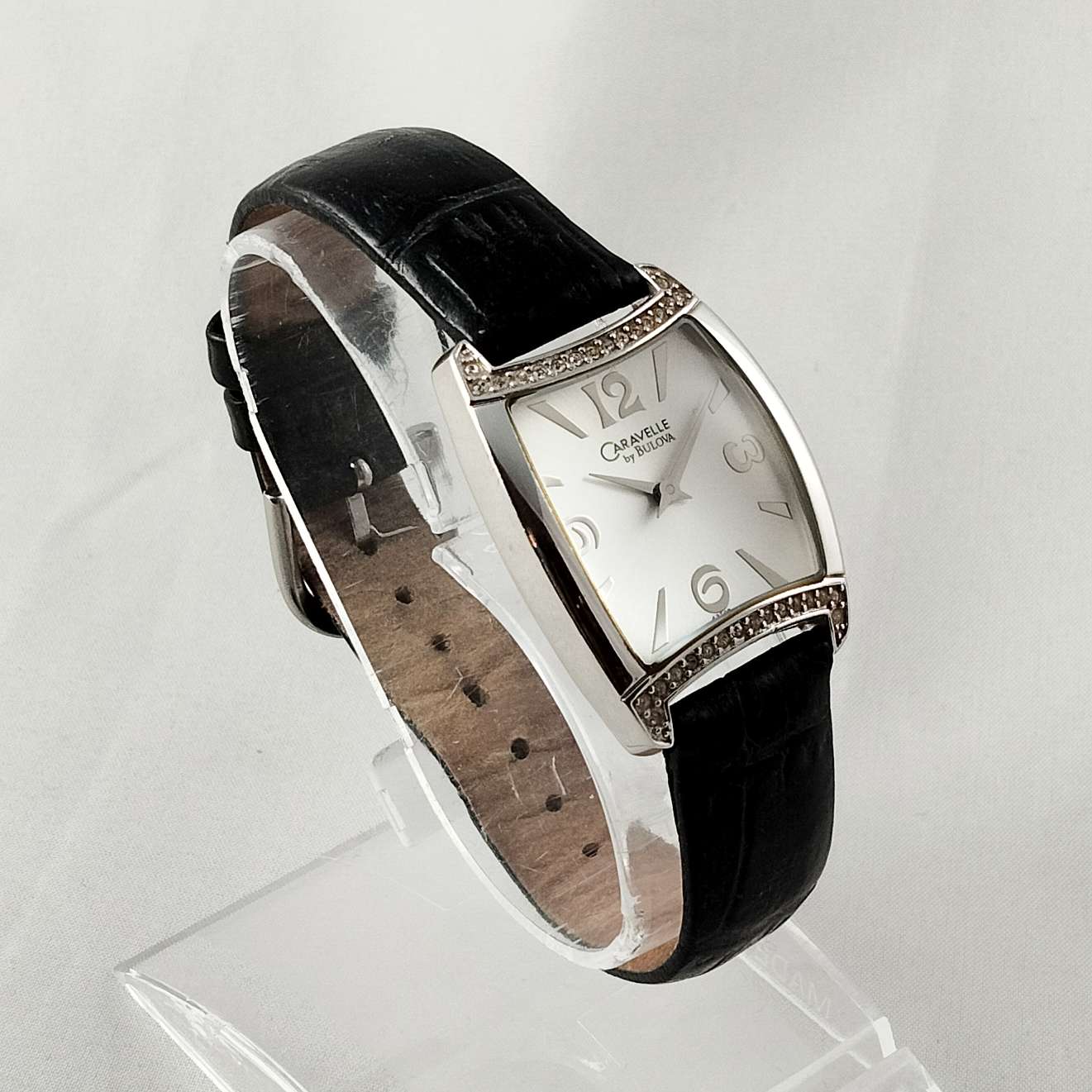 Carvelle by Bulova Watch, Jewel Details, Black Leather Strap