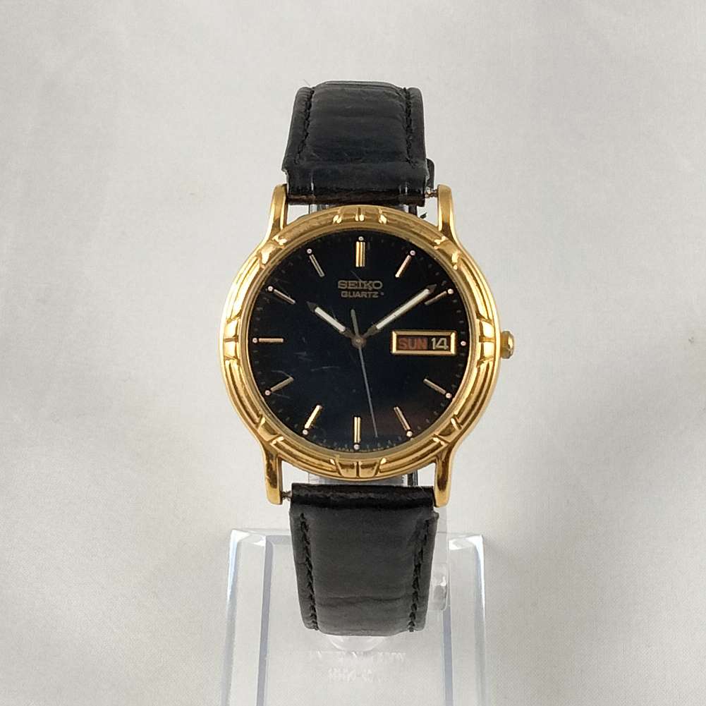 Seiko Oversized Watch, Gold Tone Details, Black Leather Strap