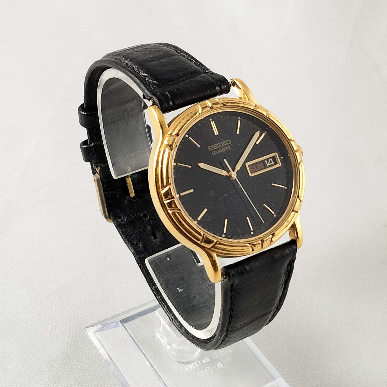 Seiko Oversized Watch, Gold Tone Details, Black Leather Strap