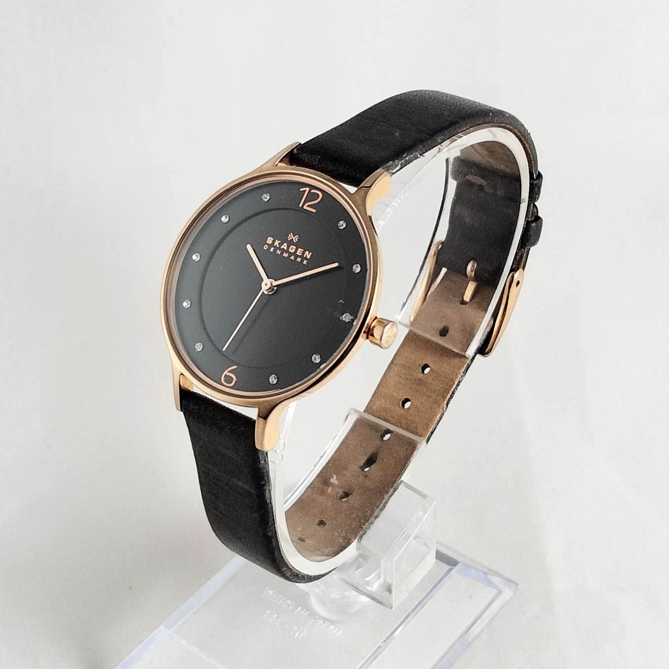 Skagen Women's Watch, Black Dial, Rose Gold Tone Details, Genuine Leather Strap