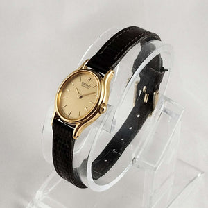 Seiko Quartz Watch, Oval Dial, Dark Brown Leather Strap