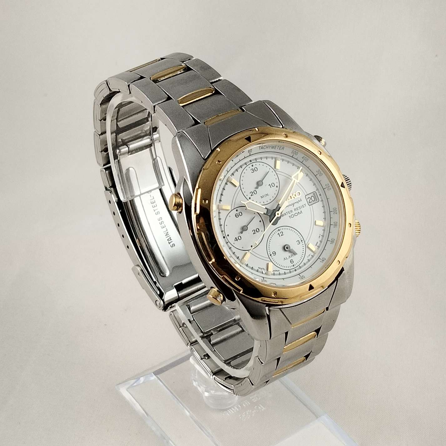Seiko Oversized Chronograph Watch, Gold Tone Details, Bracelet Strap