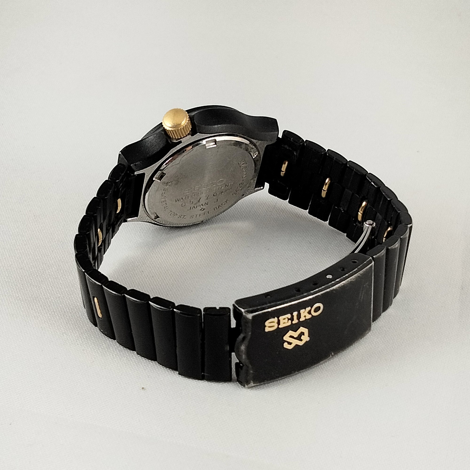 Seiko Quartz Sports Watch, Black Dial and Strap, Gold Tone Details
