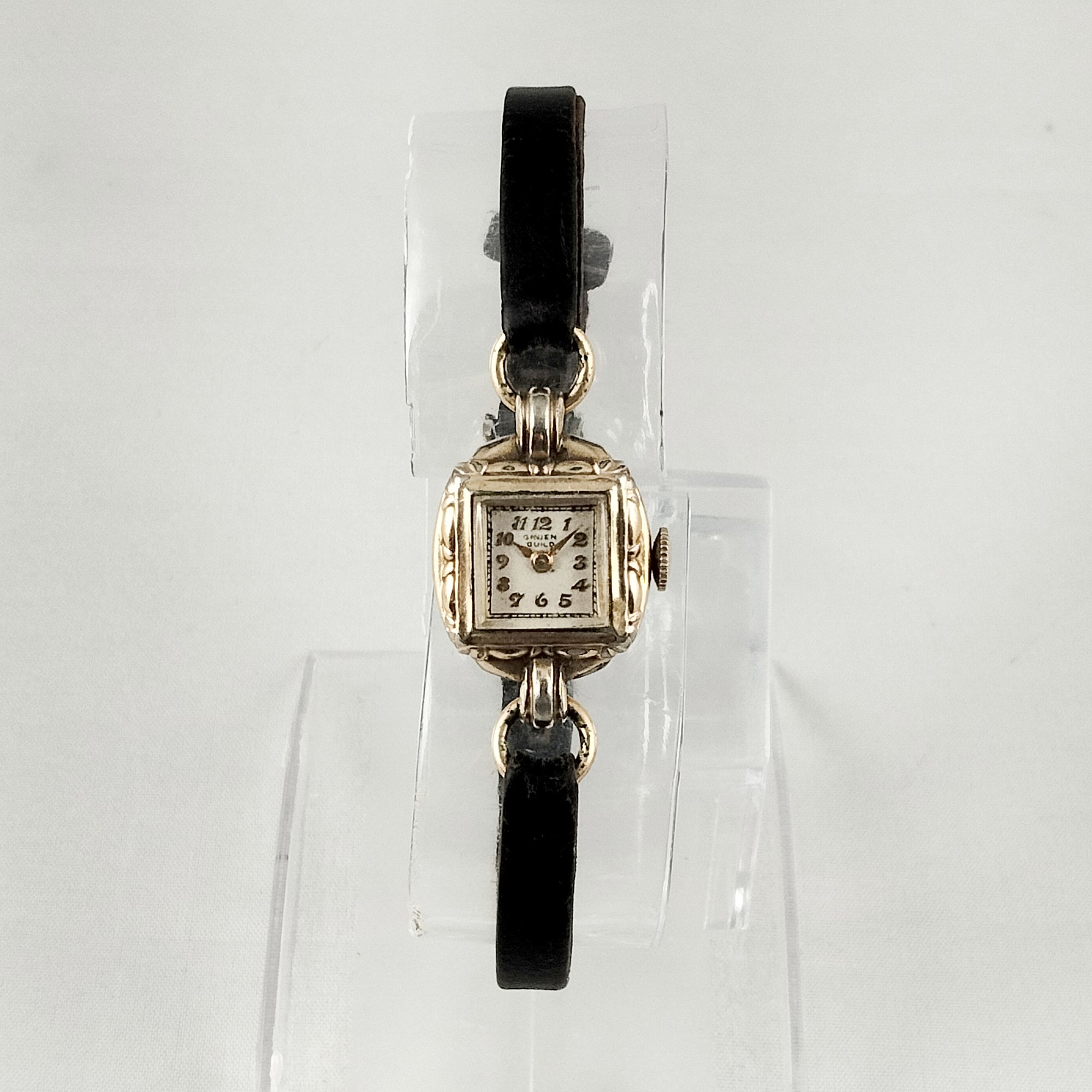 Gruen Women's Watch, Art Deco Style, Black Leather Strap