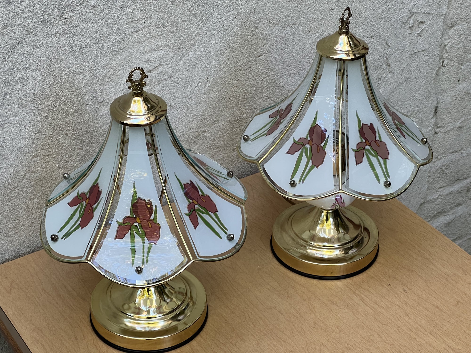Pair Small Glass & Brass Boudoir Lamps with Purple Iris Design, 1980s