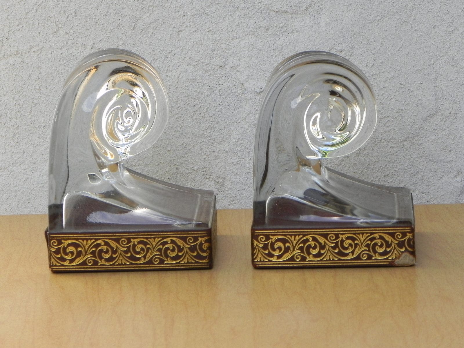 I Like Mike's Mid-Century Modern Accessories Glass Scroll Bookends With Good Embossed Leather Trim