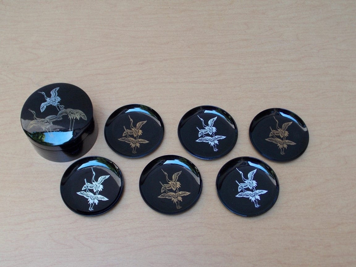 I Like Mike's Mid Century Modern Accessories Japan Airlines Coasters-Black with Gold Silver Cranes, Set of 6