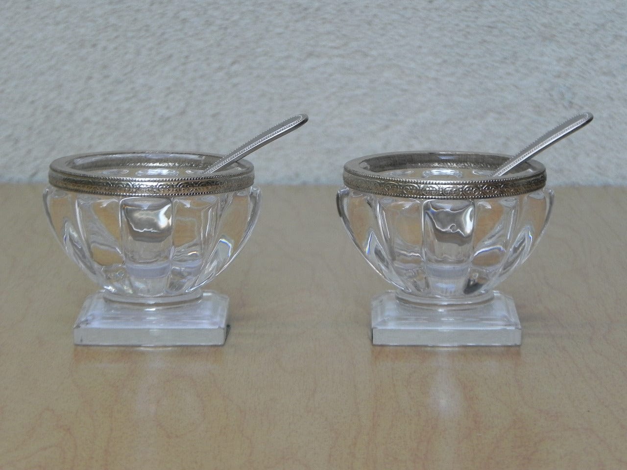 I Like Mike's Mid Century Modern Accessories Pair Crystal Salt Cellar Bowls with Spoons by Godinger for Neiman Marcus