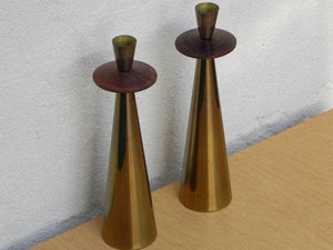 I Like Mike's Mid-Century Modern Accessories Tall Pair Italian Modern Brass Rosewood Cone Candlestick Holders