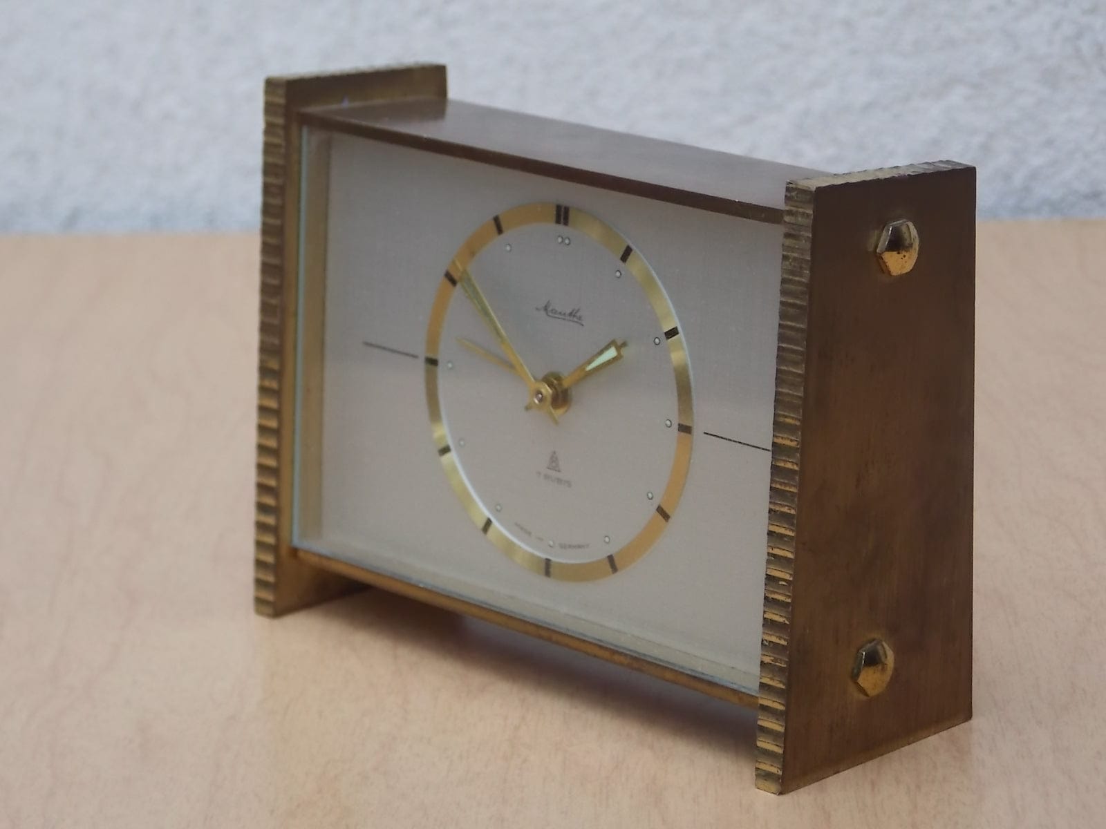 I Like Mike's Mid Century Modern Clock Mauthe Small Modern Brass Mantle Alarm Clock, German Made