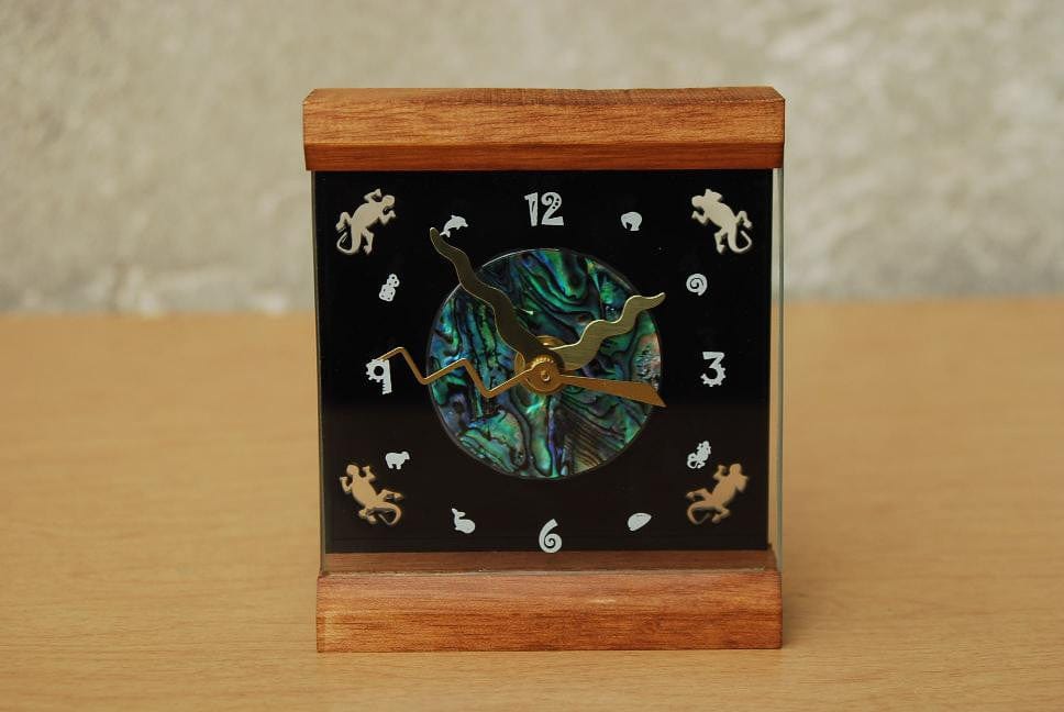 I Like Mike's Mid-Century Modern Clock Memphis Wood & Glass Desk Clock with Paua Shell Face