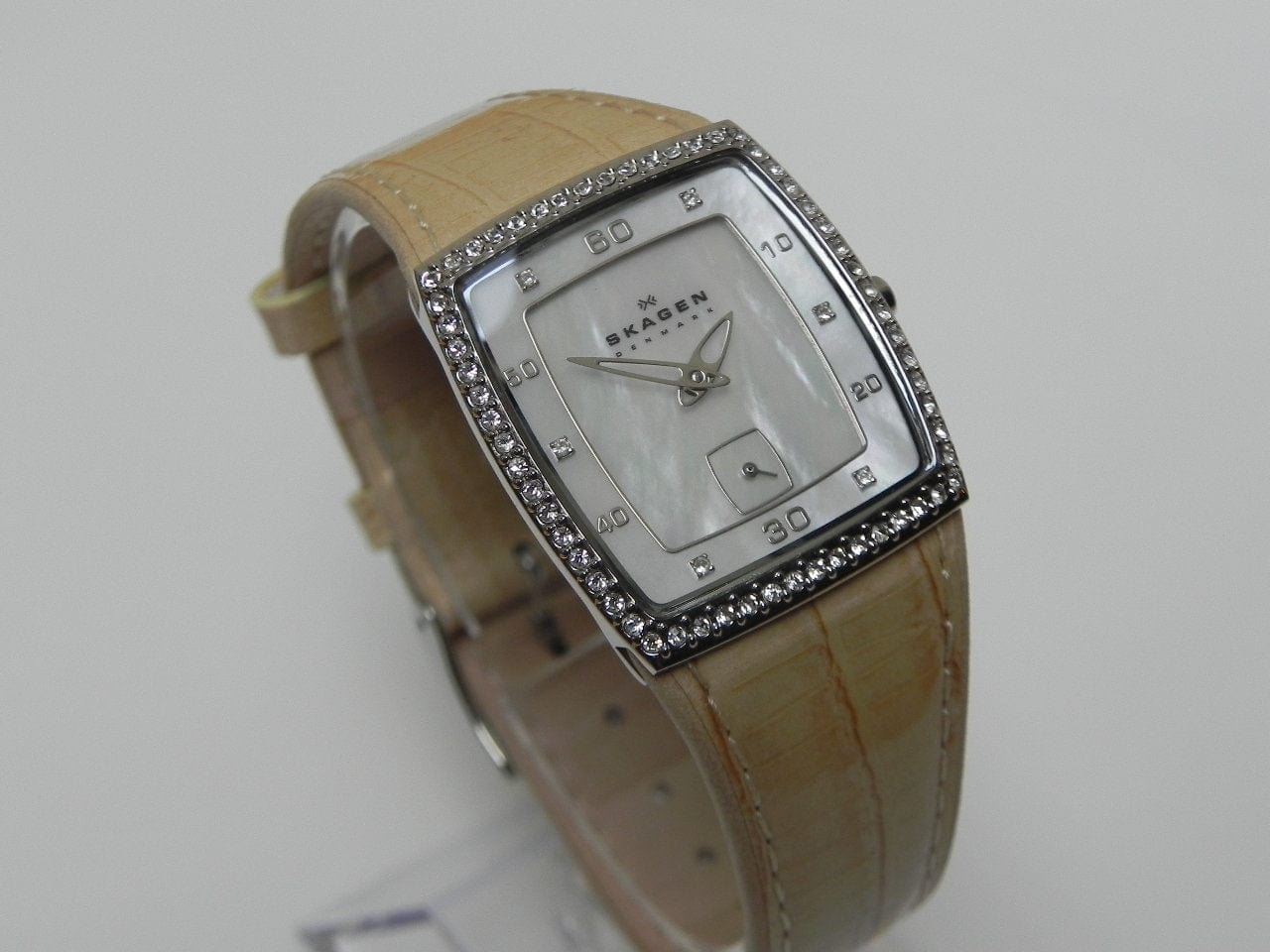 I Like Mike's Mid Century Modern Clock Skagen Women's Square Dress Watch, Mother of Pearl with Swarovsky Crystal Border
