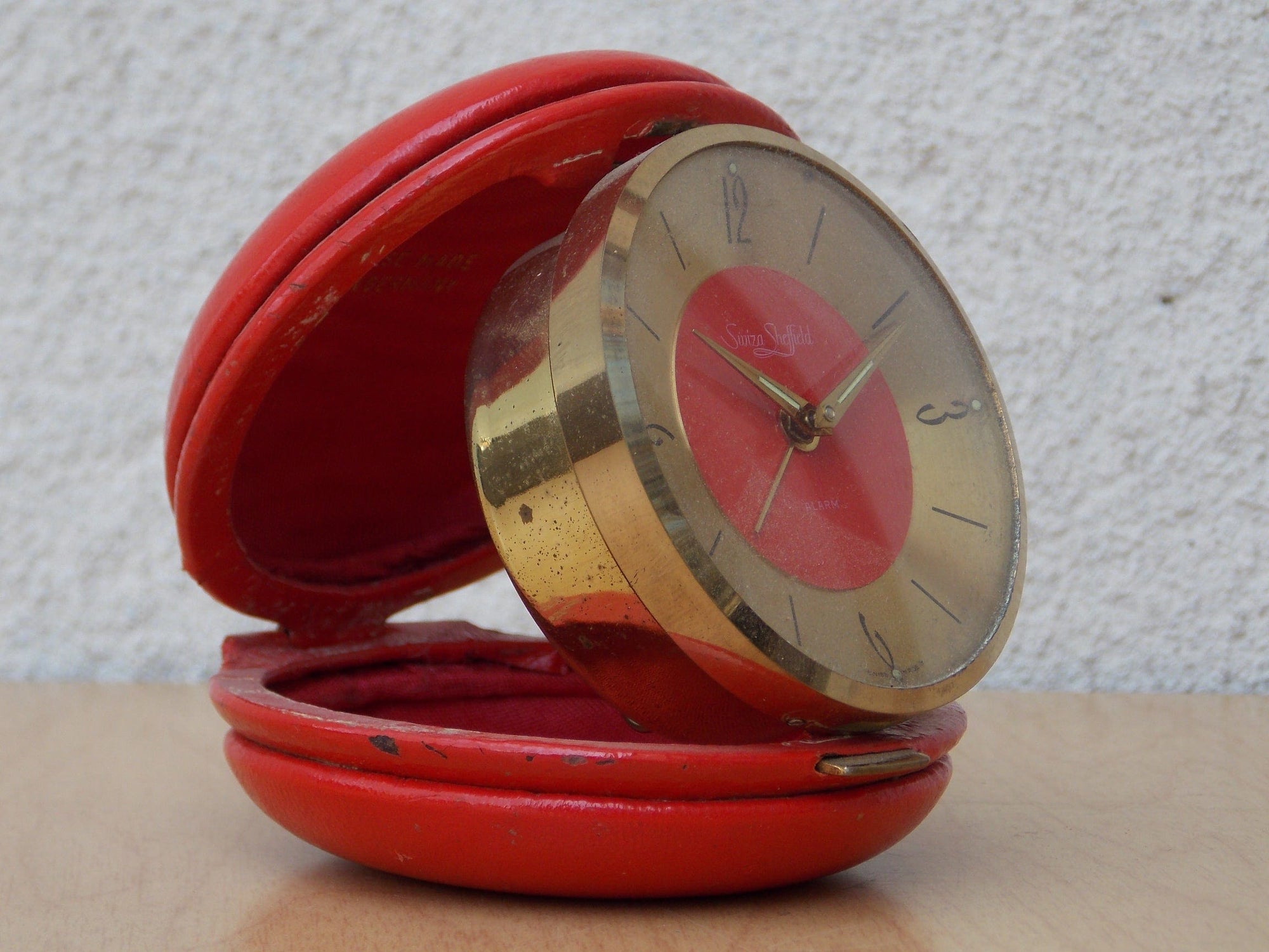 I Like Mike's Mid Century Modern Clock Swiza Sheifield Brass Red Leather Round Travel Clock, Wind Up