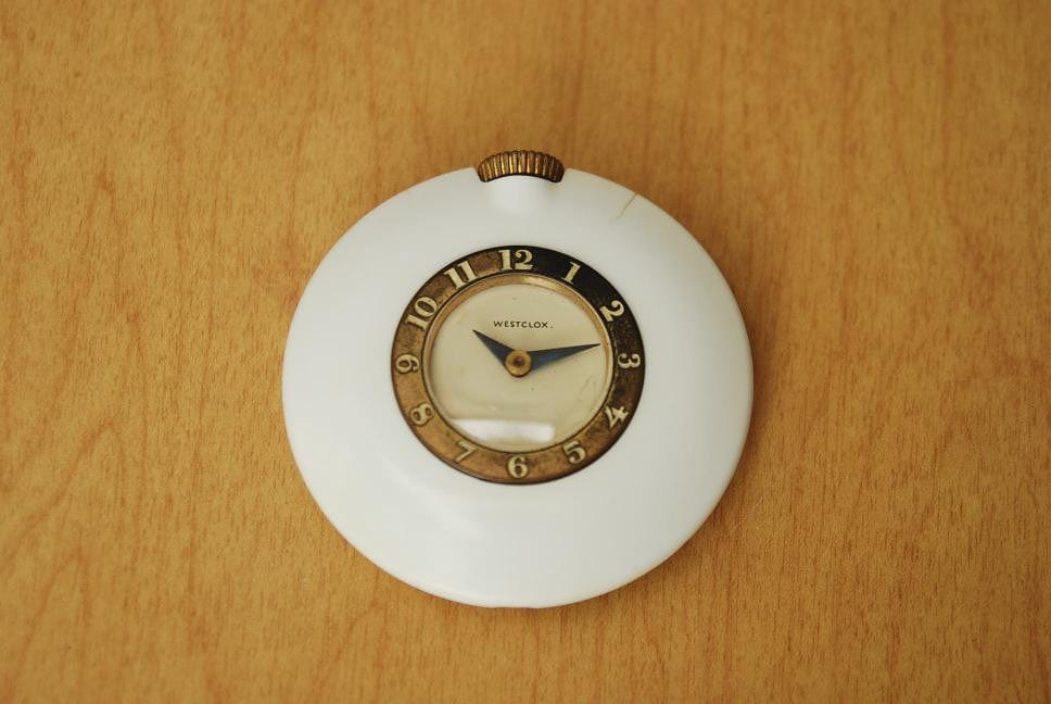 I Like Mike's Mid-Century Modern Clock Westclox White Mini Ladies Purse Clock