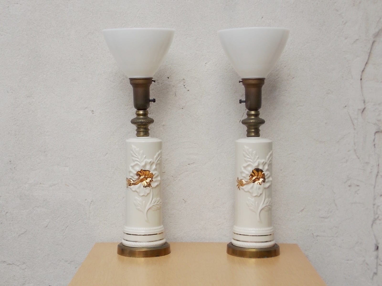I Like Mike's Mid Century Modern lighting Pair White Ceramic & Glass Torchier Table Lamps with Gold Hibiscus Flower