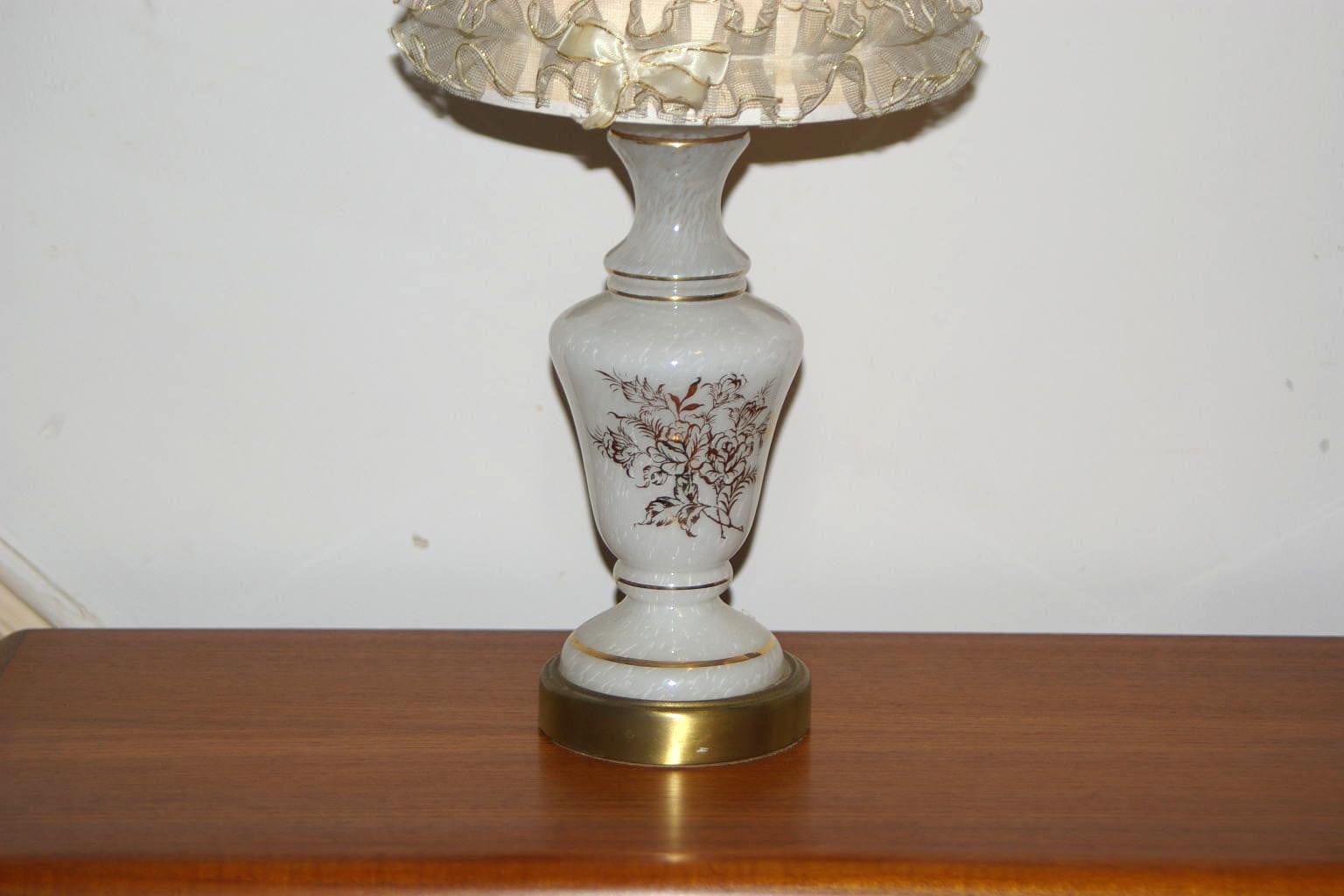 I Like Mike's Mid-Century Modern lighting Pair White Glass Gold Leaf Boudoir Lamps