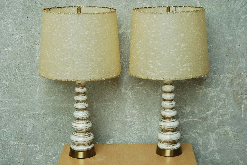 I Like Mike's Mid-Century Modern lighting White & Gold Ceramic Lamps with Vintage Fiberglass Shades