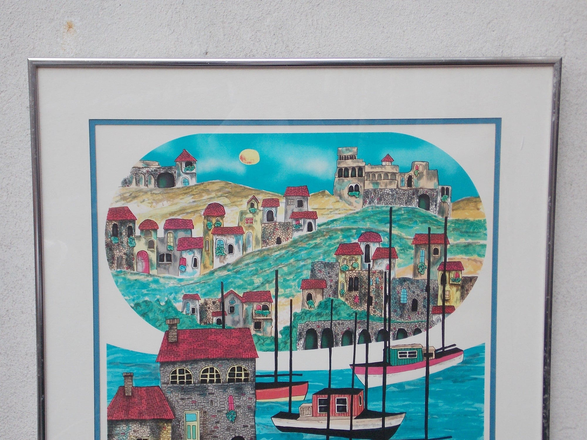 I Like Mike's Mid Century Modern Wall Decor & Art Italian Riviera Colorful Drawing Lithograph, Signed, Framed