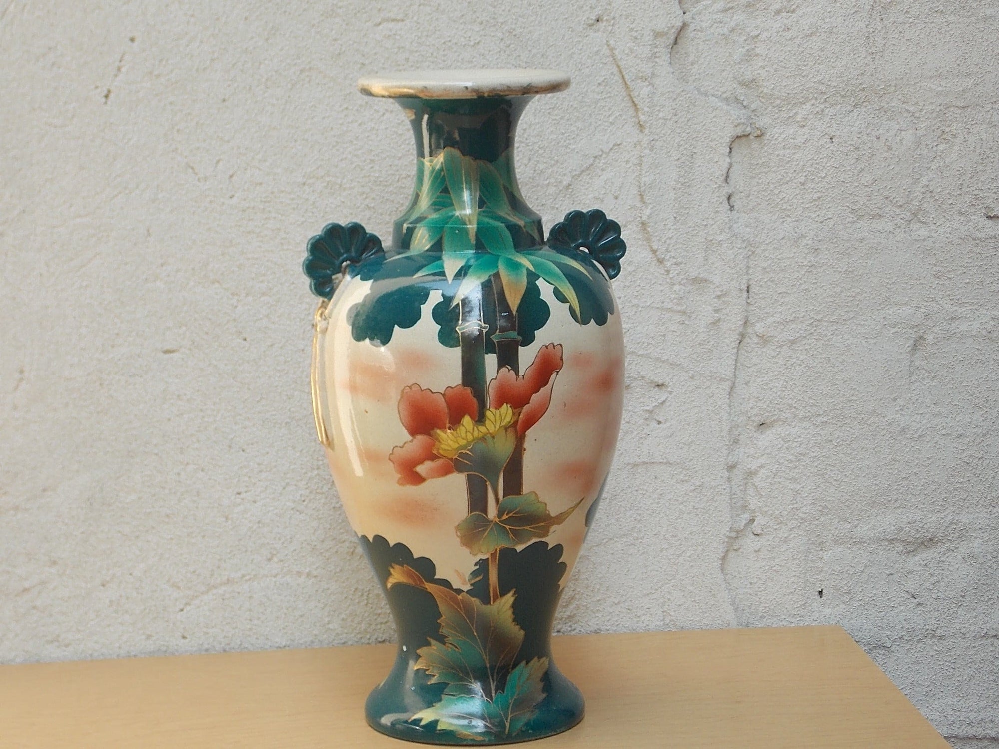 I Like Mike's Mid Century Modern Wall Decor & Art Large Green & White Floral Gilded Urn Vase with Pink, Purple & Orange
