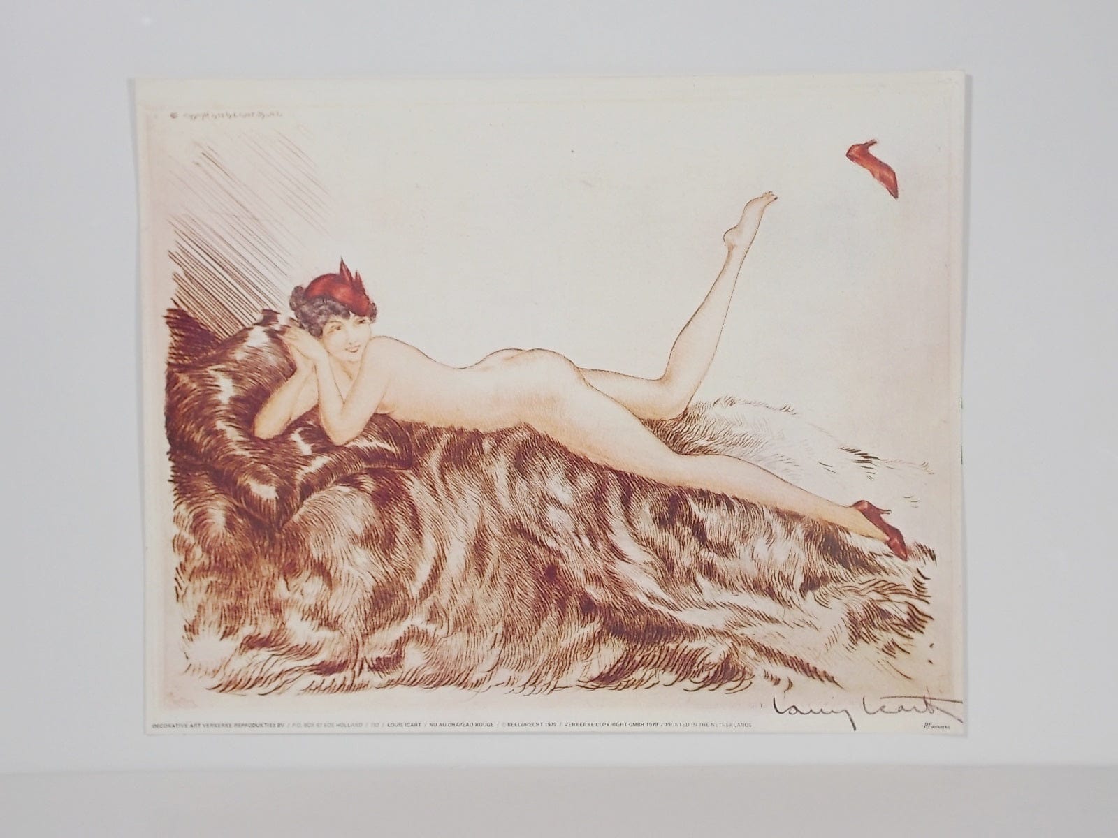 I Like Mike's Mid Century Modern Wall Decor & Art Louis Icart Print "Nu au Chapeau Rouge" (Nude with Red Hat) Art Deco, Reprint from 1979, Unframed