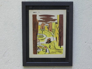 I Like Mike's Mid Century Modern Wall Decor & Art Mid-Century Lithograph by Wylie Newly Framed-Street Scene with Café, Bicycle & Truck, Brown & Yellow