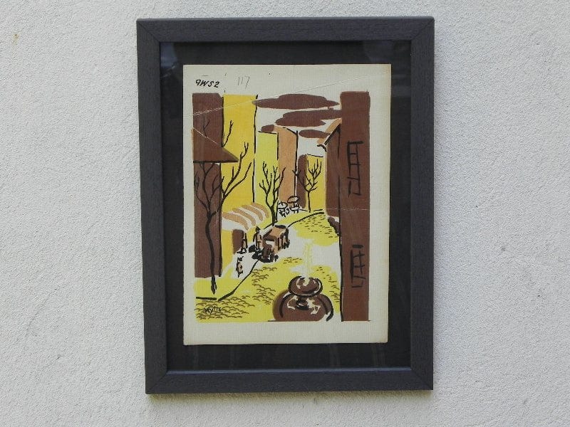 I Like Mike's Mid Century Modern Wall Decor & Art Mid-Century Lithograph by Wylie Newly Framed-Street Scene with Café, Truck & Front Fountain, Brown & Yellow (b)
