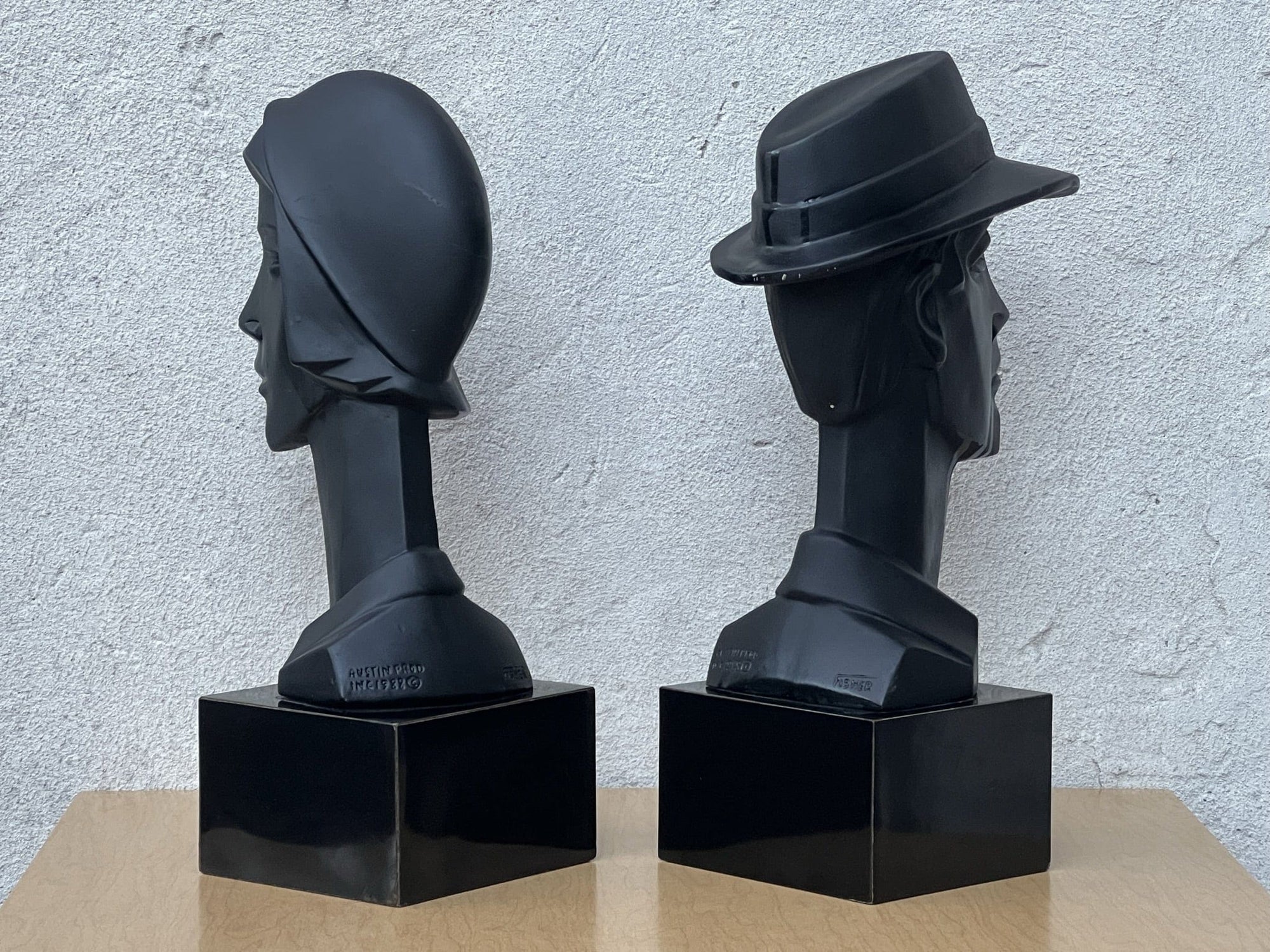 I Like Mike's Mid Century Modern Wall Decor & Art Neo Deco Pair Black Ceramic Man & Woman by David Fisher for Austin Productions, 1988