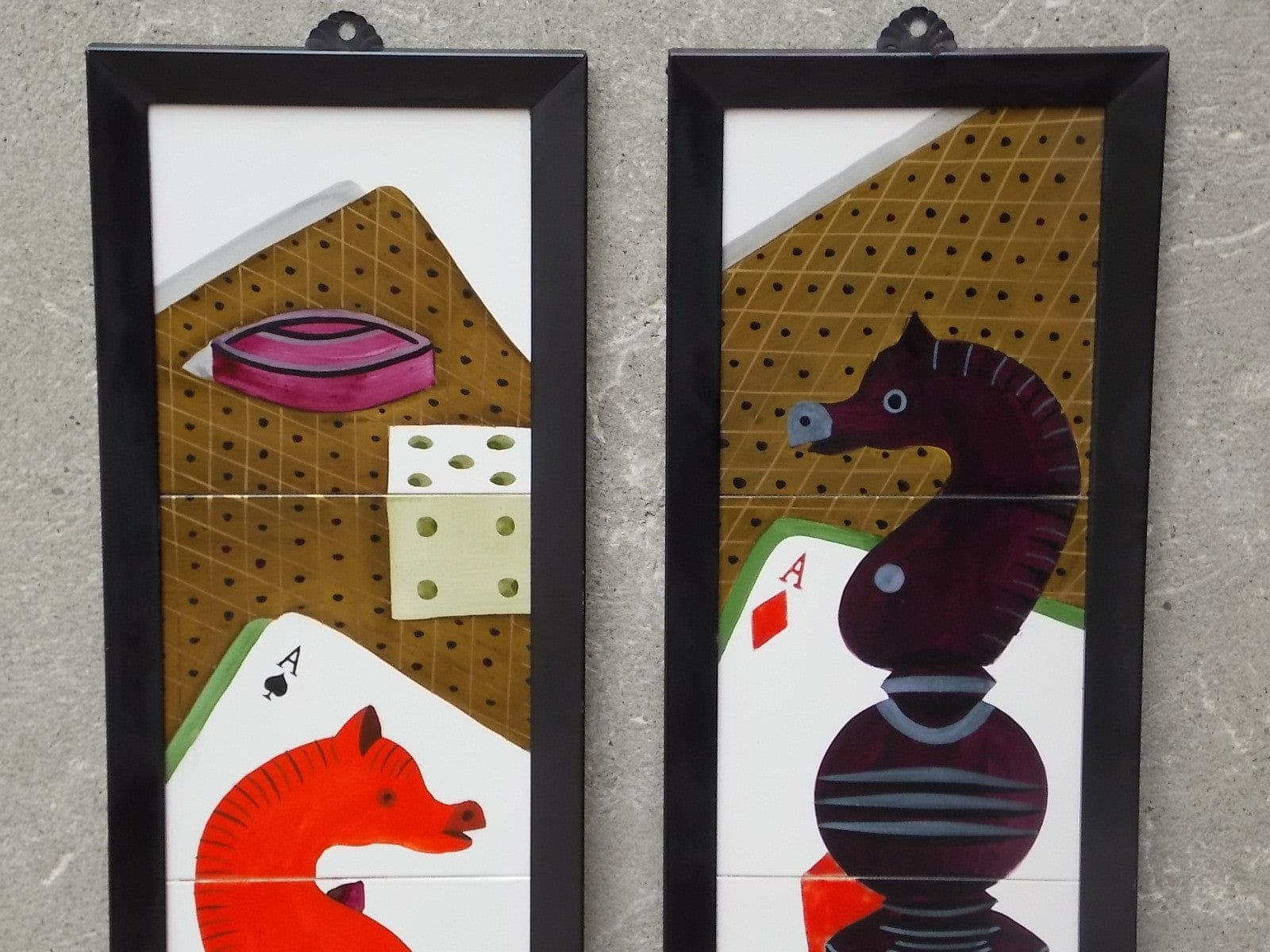 I Like Mike's Mid-Century Modern Wall Decor & Art Pair Black & Red Chess Ceramic Tile Wall Hangings - Game Room Decor