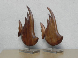 I Like Mike's Mid Century Modern Wall Decor & Art Pair Wood Fish on Lucite Bases, Mid Century Table Sculptures