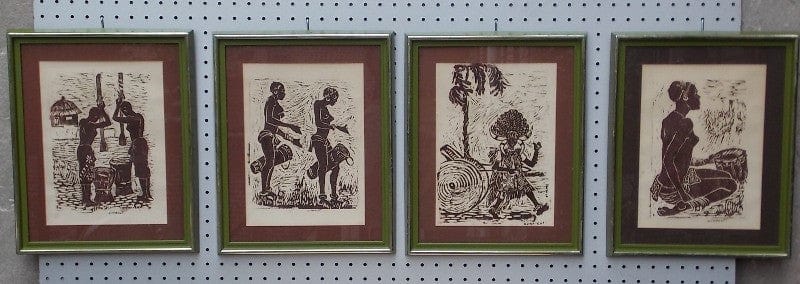 I Like Mike's Mid-Century Modern Wall Decor & Art Set of Four Original Mid Century Linocut African Scenes