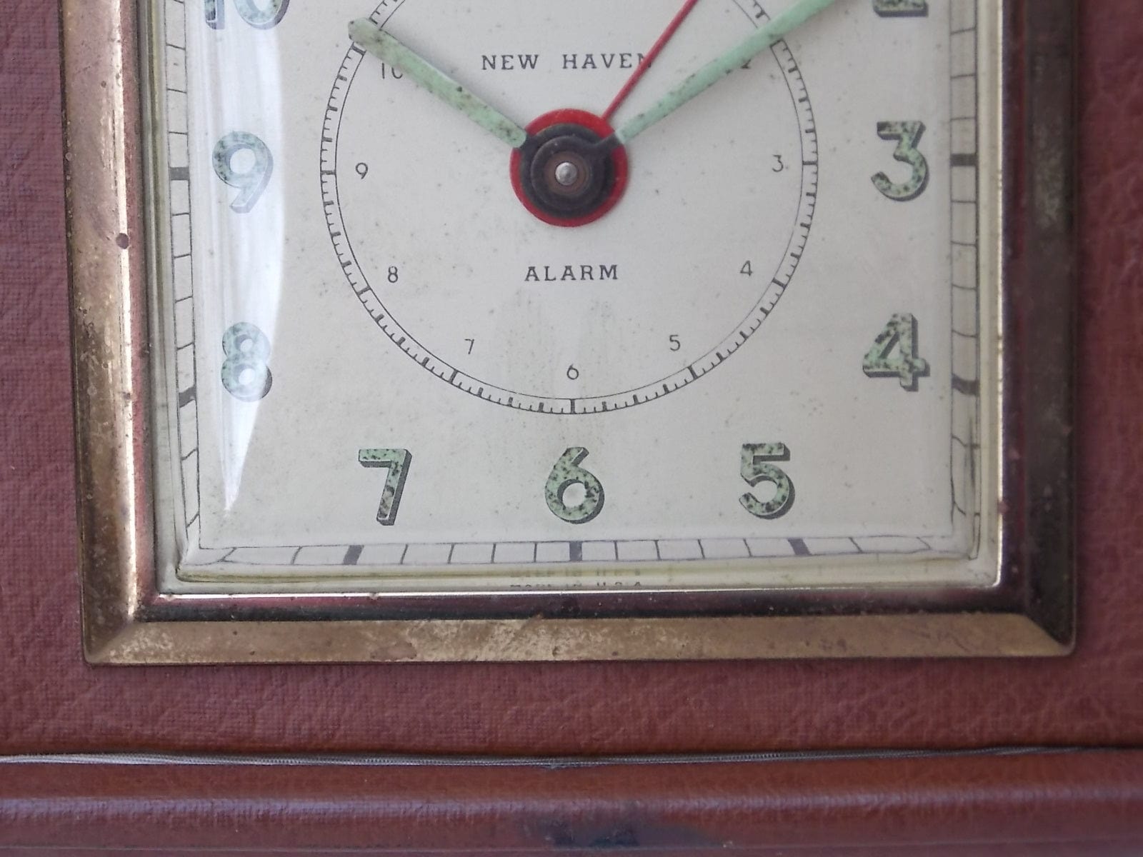 I Like Mikes Mid Century Modern Clock Large New Haven Travel Clock in Brown Leather Case, Circa 1940s