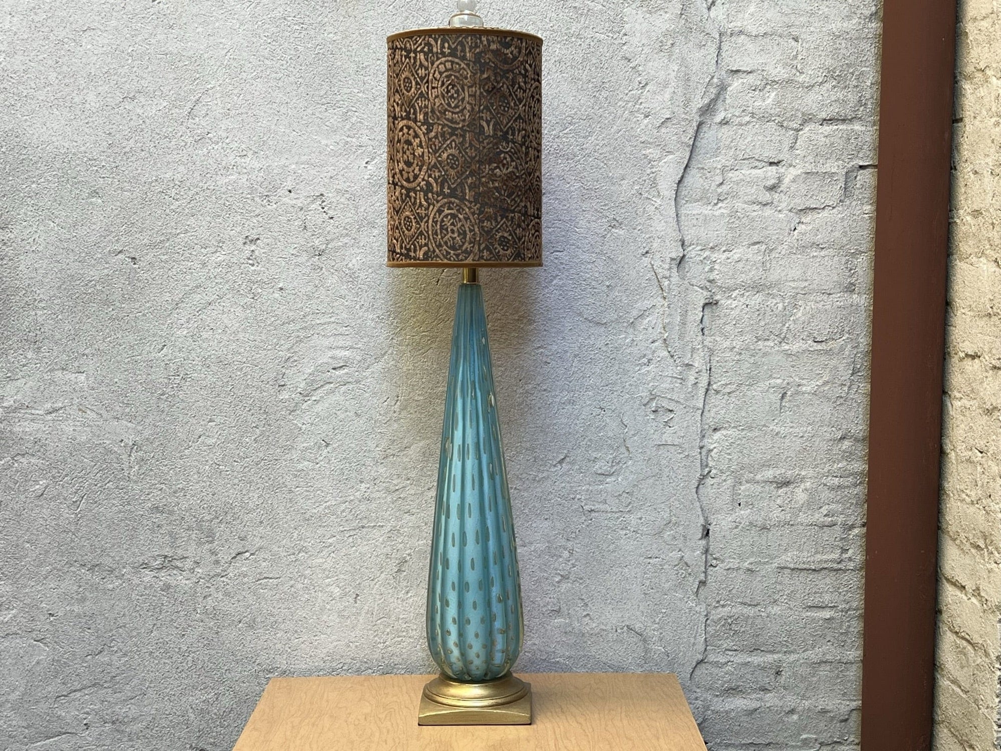 I Like Mikes Mid Century Modern Tall Blue Gold Vintage Murano Fluted Glass Table Lamp Gold Base