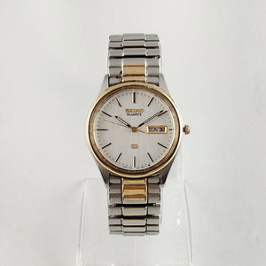 I Like Mikes Mid Century Modern Watches Seiko Men's Watch, Gold Tone Details. White Dial, Date Window, Stretch Strap