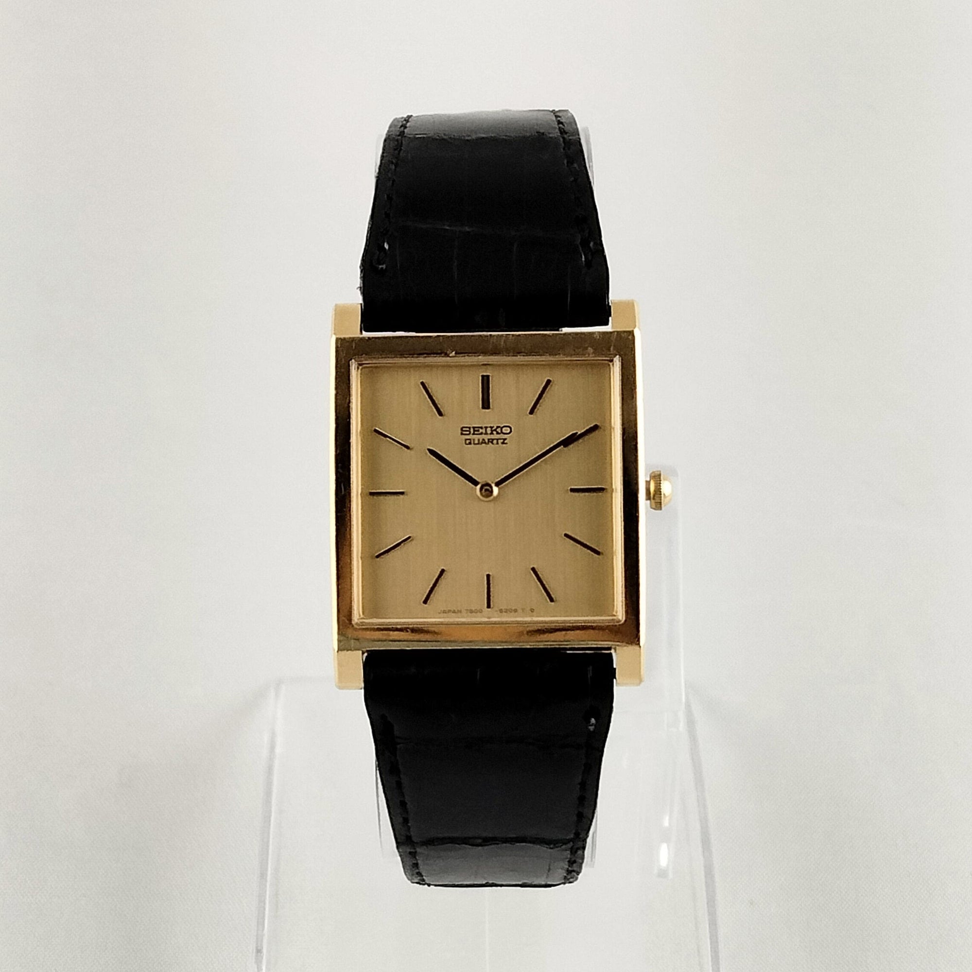 I Like Mikes Mid Century Modern Watches Seiko Unisex Watch, Gold Tone Square Dial, Genuine Black Leather Strap