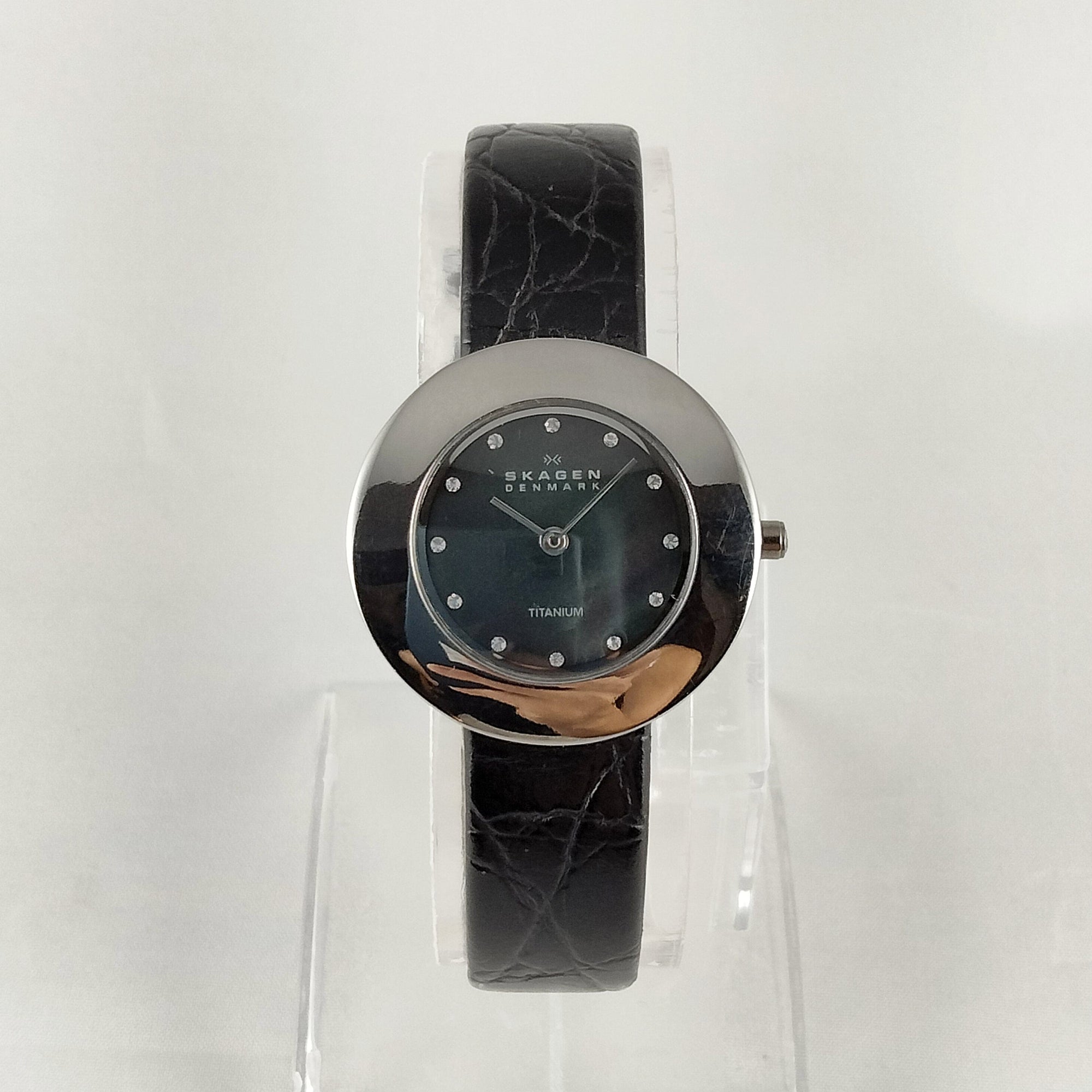 I Like Mikes Mid Century Modern Watches Skagen Titanium Watch, Black Mother of Pearl Dial, Genuine Black Leather Strap