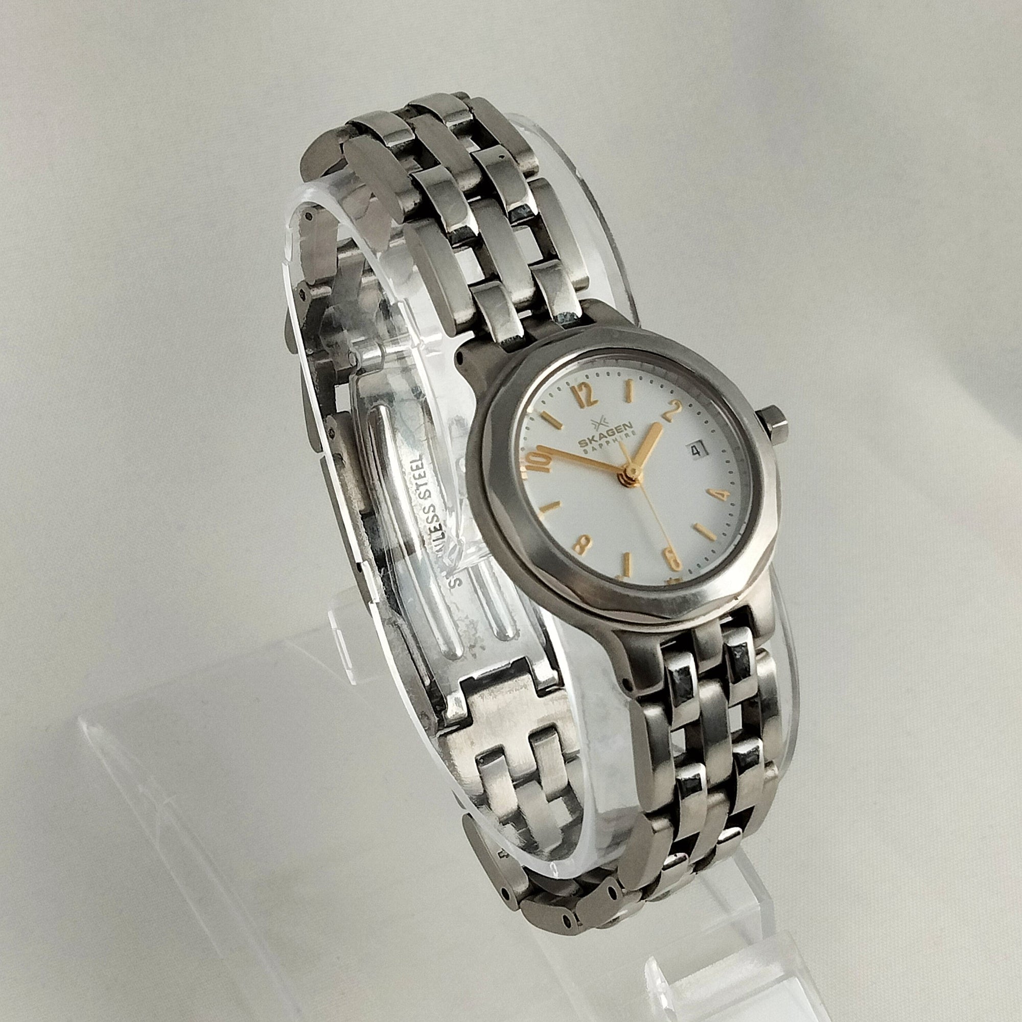 I Like Mikes Mid Century Modern Watches Skagen Unisex Stainless Steel Watch, Gold Tone Hands and Hour Markers, Bracelet Strap