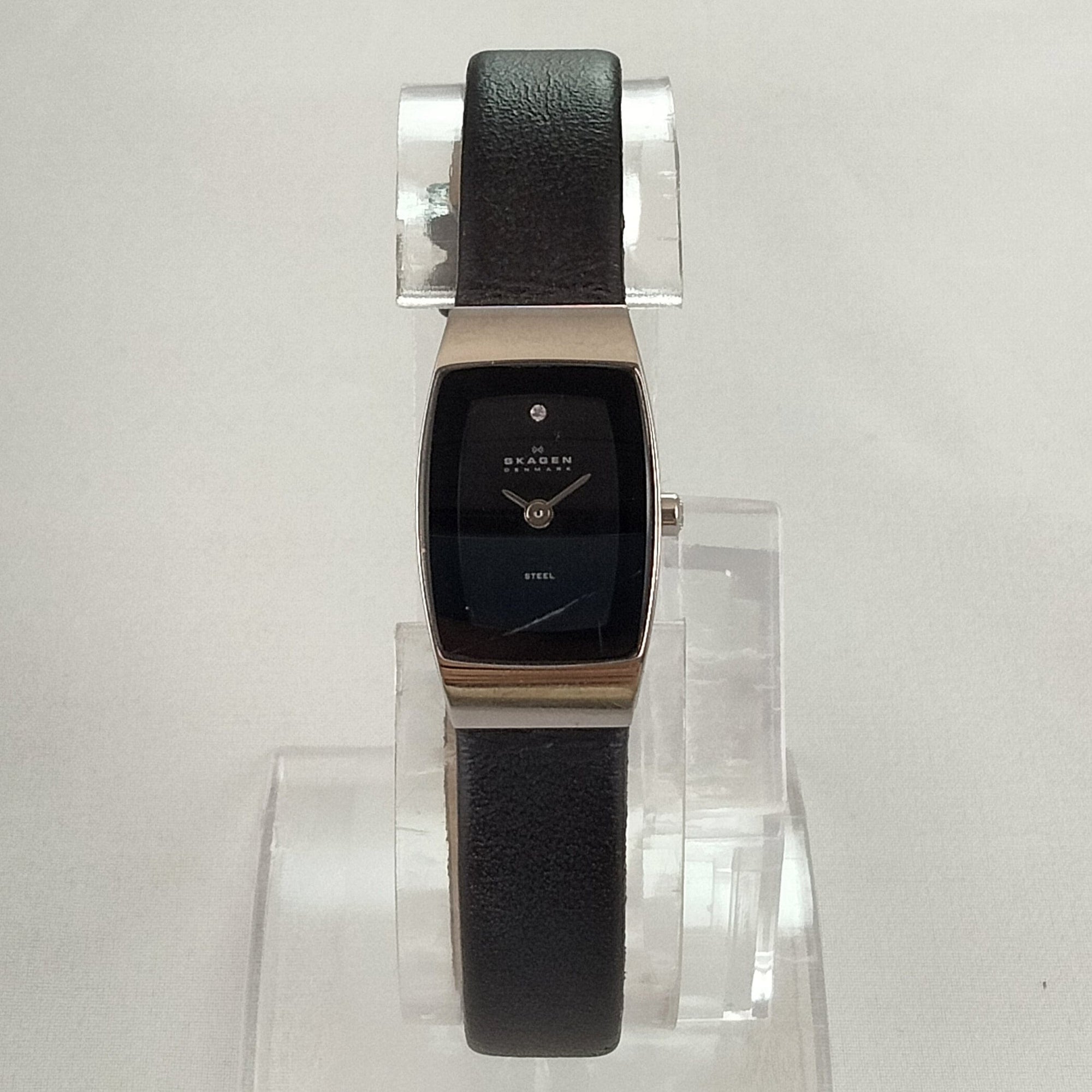 I Like Mikes Mid Century Modern Watches Skagen Women's Stainless Steel Rectangular Watch, Black Dial, Black Leather Strap