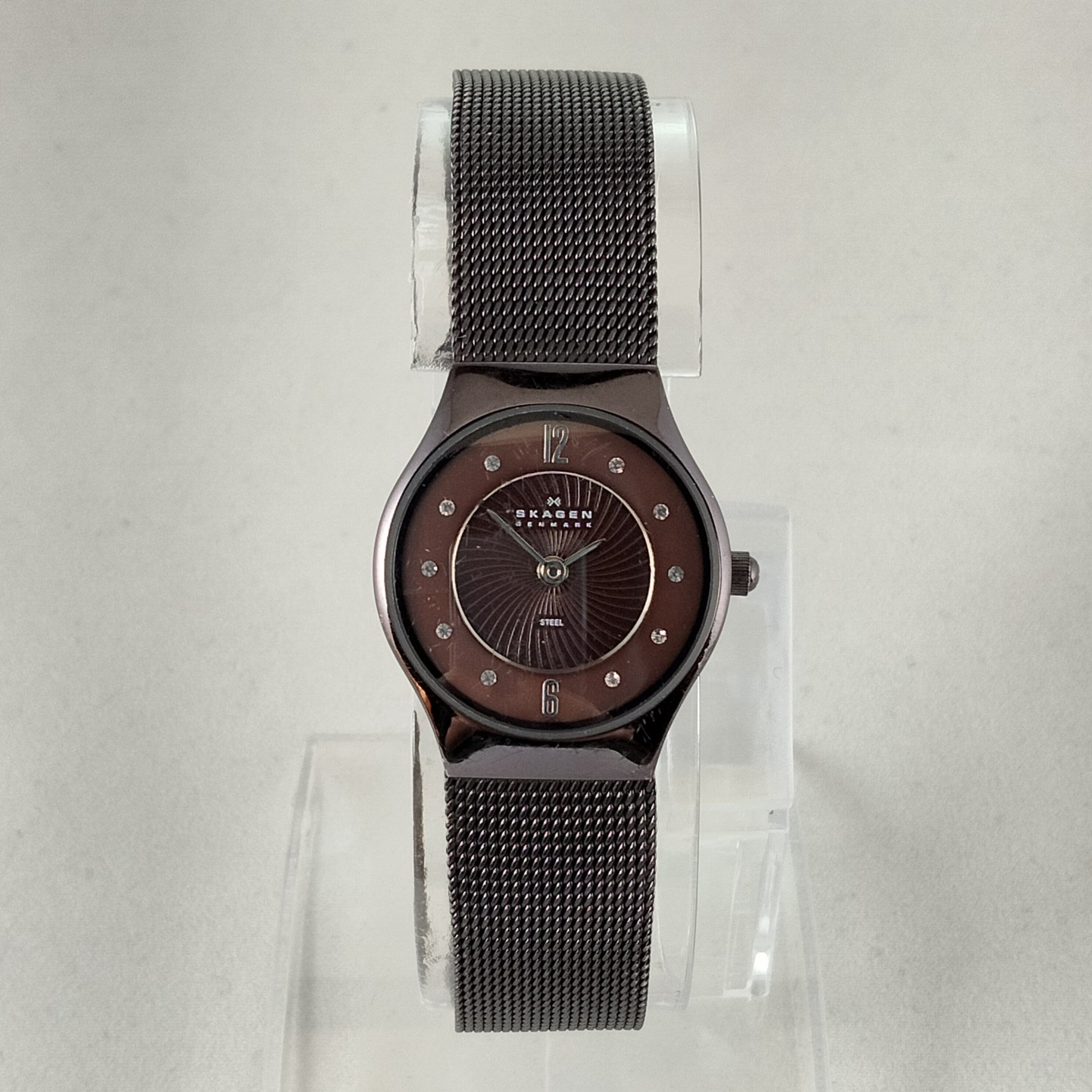 I Like Mikes Mid Century Modern Watches Skagen Women's Stainless Steel Round Watch, Brown Mother of Pearl Dial, Black Mesh Strap