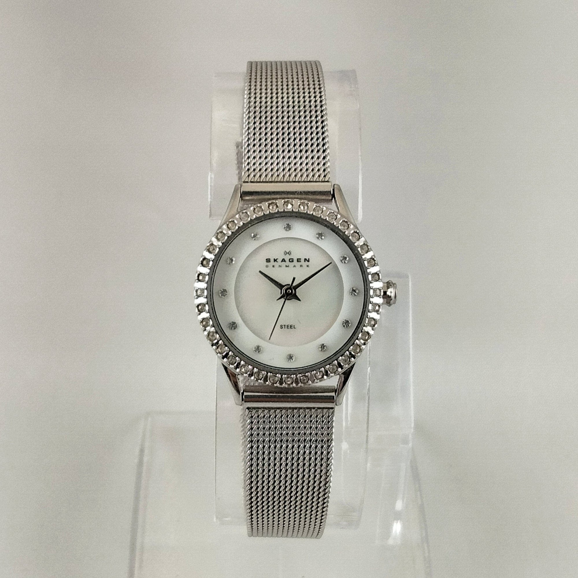 I Like Mikes Mid Century Modern Watches Skagen Women's Stainless Steel Watch, Mother of Pearl Dial, Jewel Framed Face, Mesh Strap
