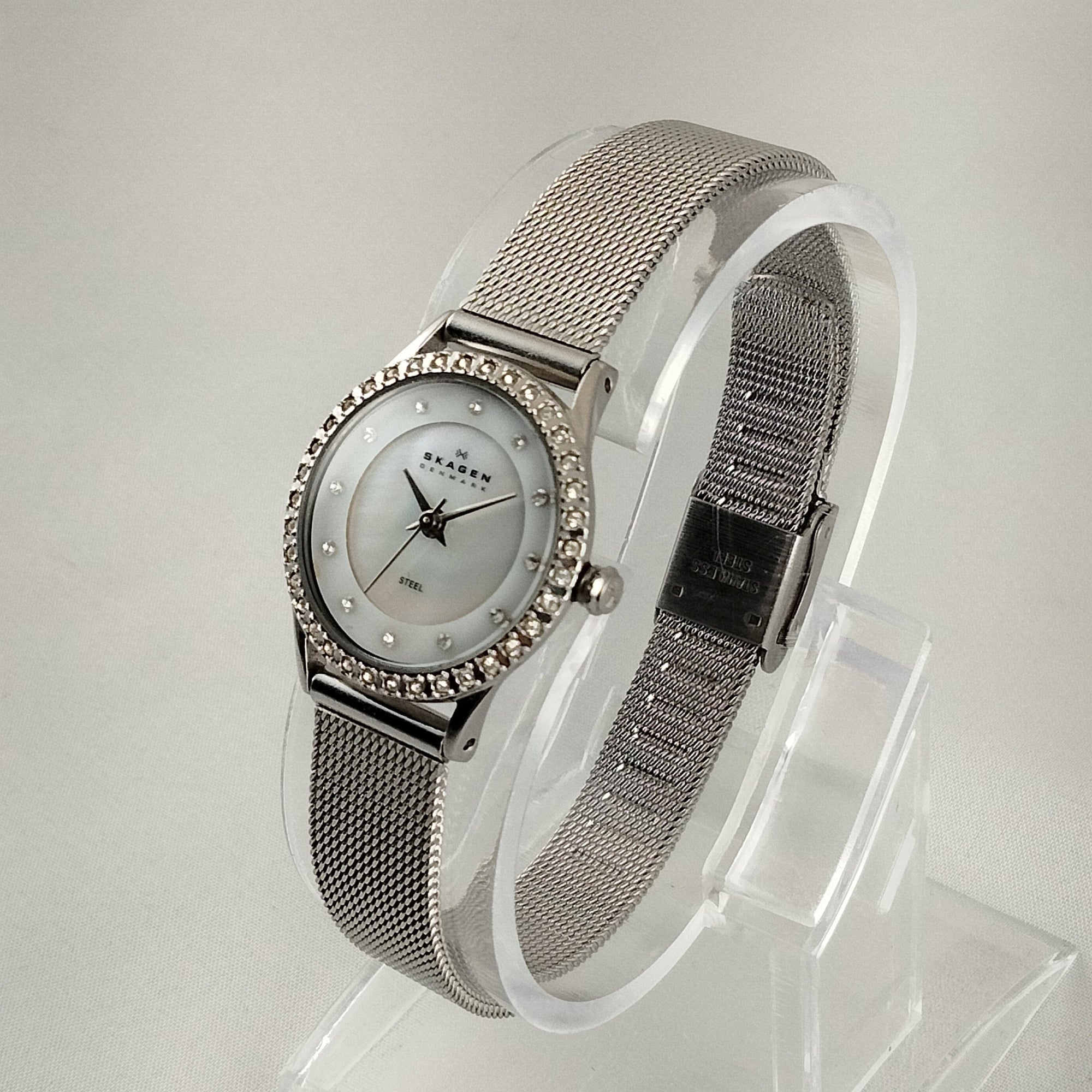 I Like Mikes Mid Century Modern Watches Skagen Women's Stainless Steel Watch, Mother of Pearl Dial, Jewel Framed Face, Mesh Strap
