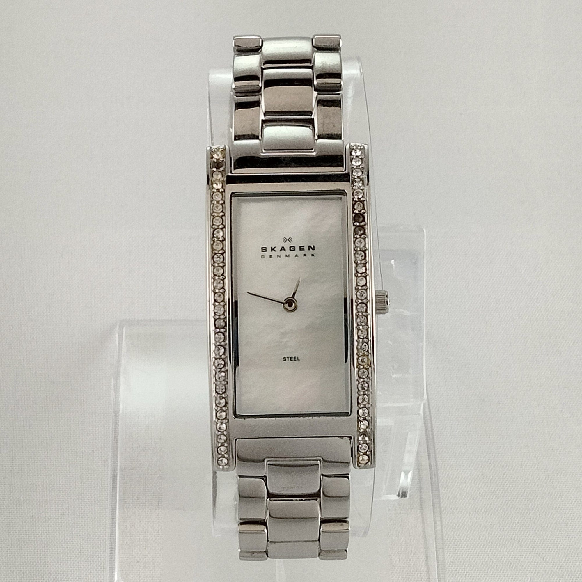 I Like Mikes Mid Century Modern Watches Skagen Women's Stainless Steel Watch, Mother of Pearl Rectangular Dial, Jewel Details, Link Bracelet