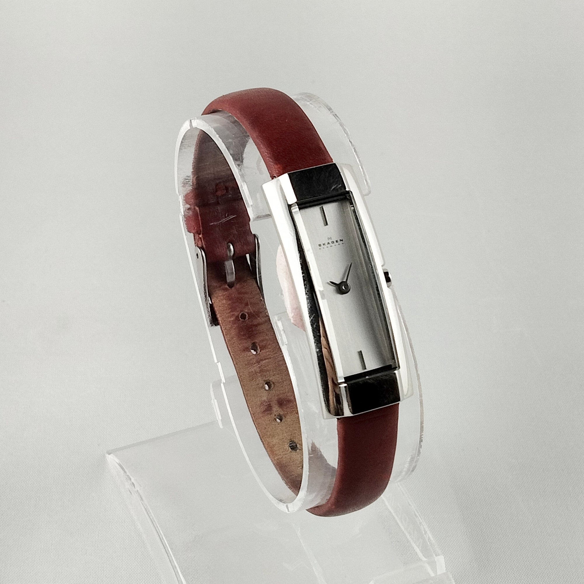 I Like Mikes Mid Century Modern Watches Skagen Women's Stainless Steel Watch, Rectangular Dial, Thin Red Genuine Leather Strap