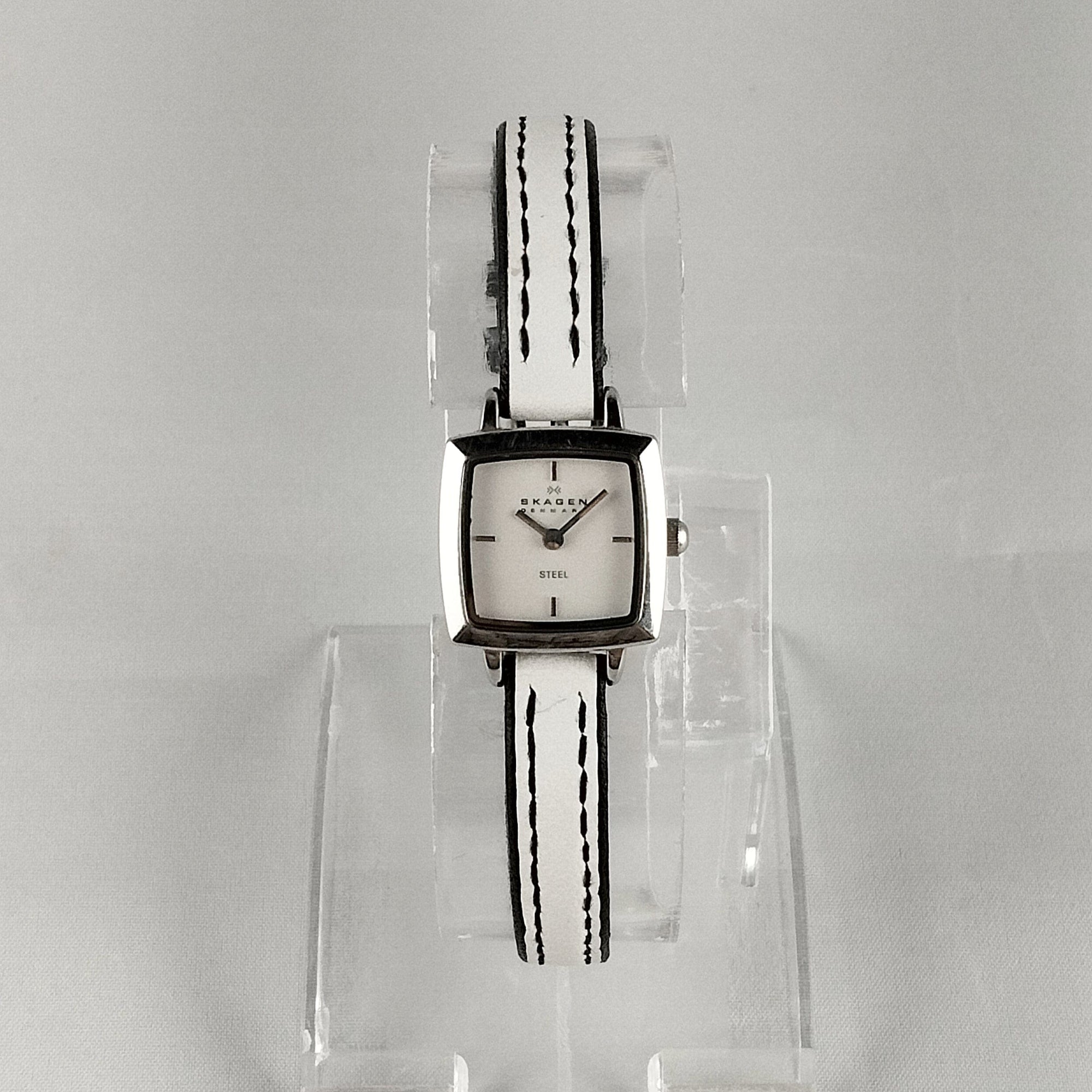 I Like Mikes Mid Century Modern Watches Skagen Women's Stainless Steel Watch, Tiny Square Face, Thin White Genuine Leather Strap