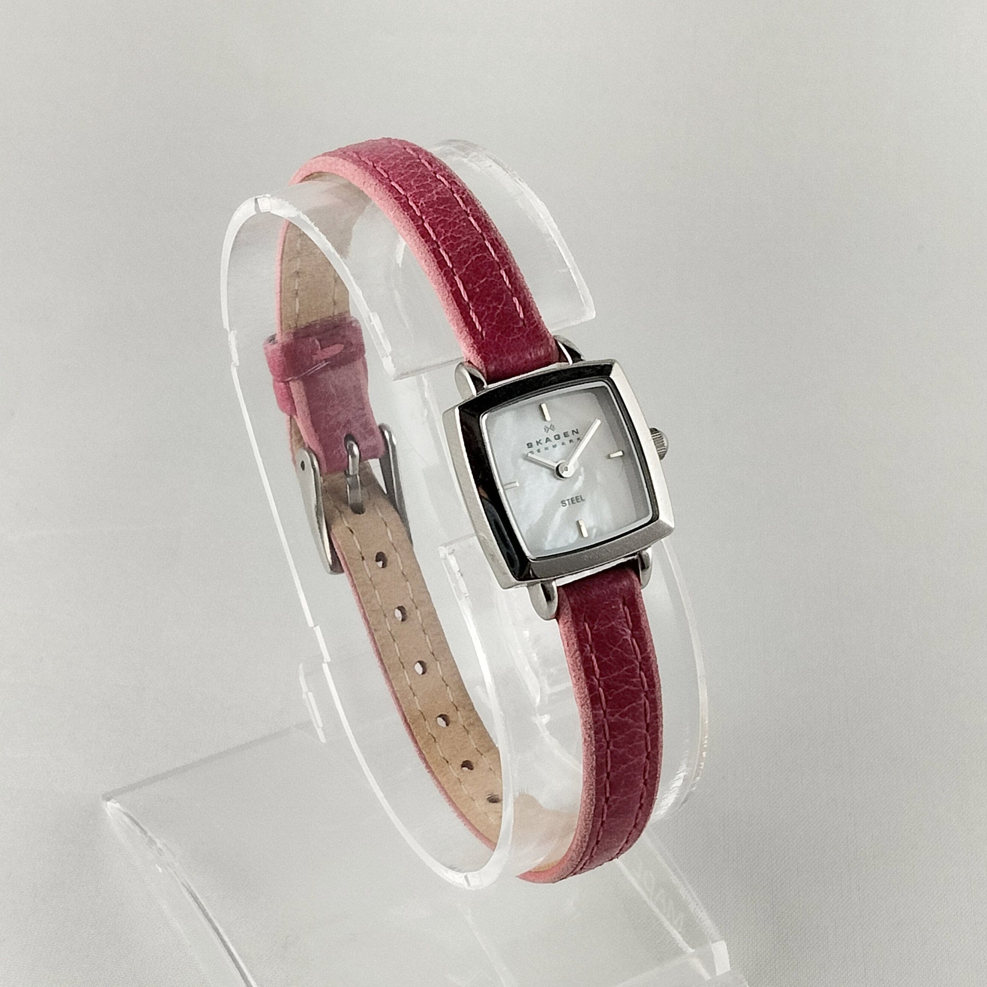 I Like Mikes Mid Century Modern Watches Skagen Women's Stainless Steel Watch, Tiny Square Mother of Pearl Dial, Thin Pink Genuine Leather Strap