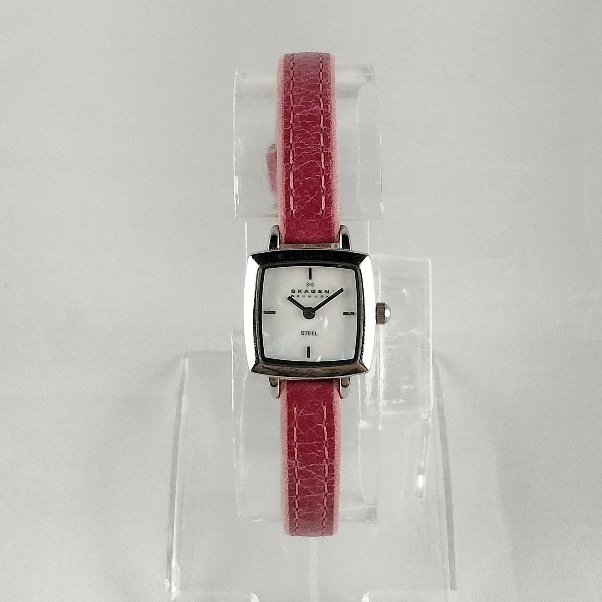 I Like Mikes Mid Century Modern Watches Skagen Women's Stainless Steel Watch, Tiny Square Mother of Pearl Dial, Thin Pink Genuine Leather Strap