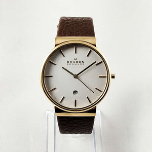 Skagen Men's Oversized Stainless Steel Watch, White Dial, Gold Tone Details, Brown Leather Strap