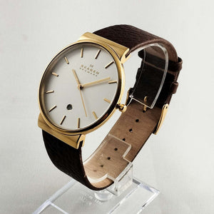 Skagen Men's Oversized Stainless Steel Watch, White Dial, Gold Tone Details, Brown Leather Strap